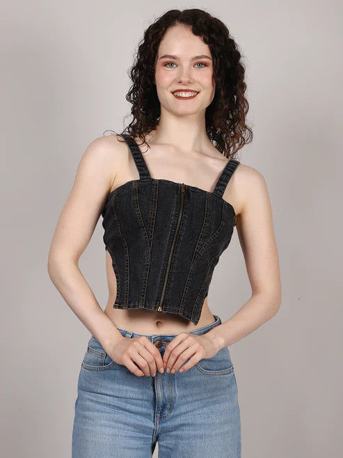 Zip Up Slleveless Denim Crop Top Hover Image