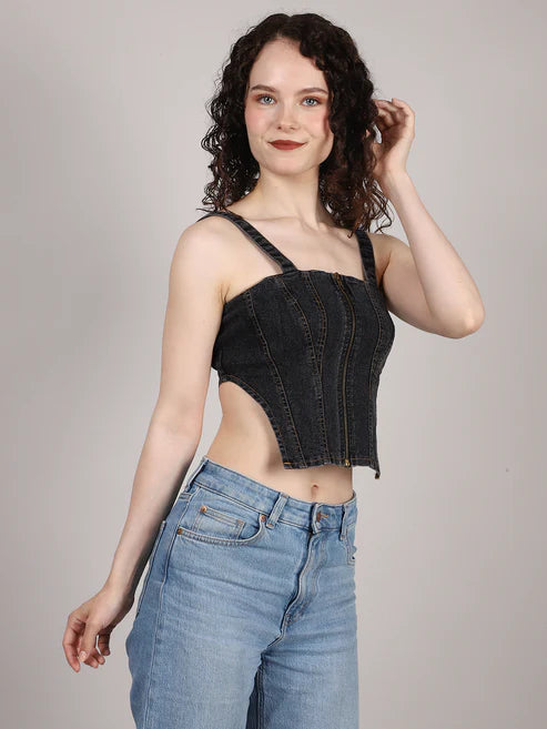 Zip Up Slleveless Denim Crop Top