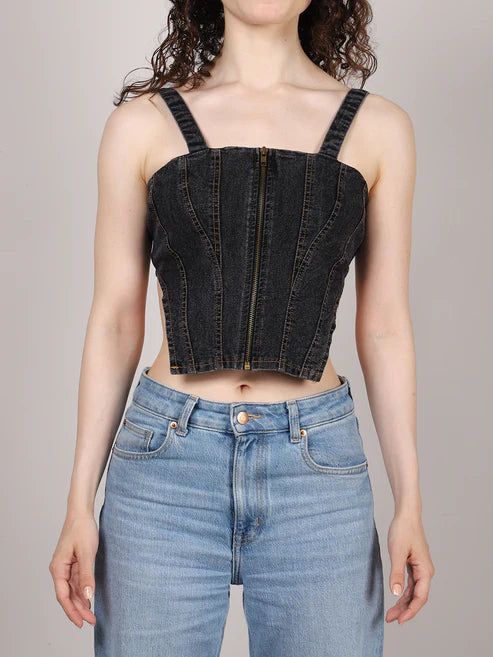 Zip Up Slleveless Denim Crop Top