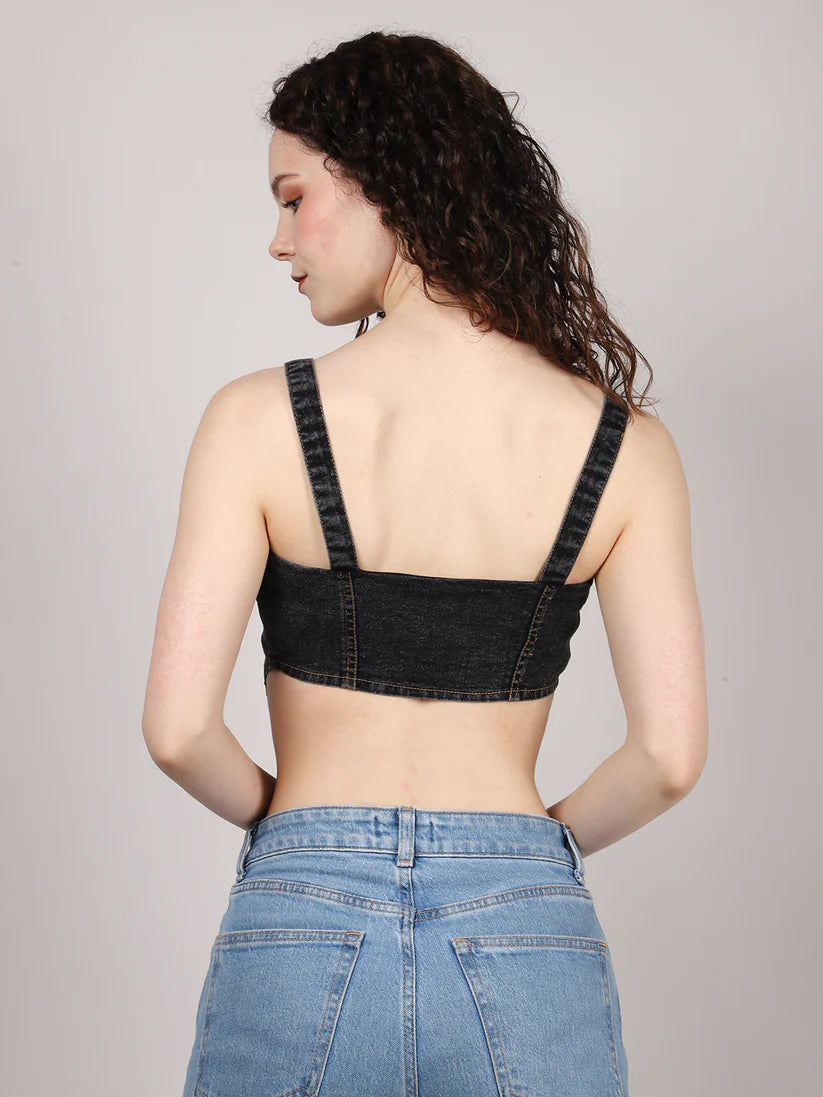 Zip Up Slleveless Denim Crop Top