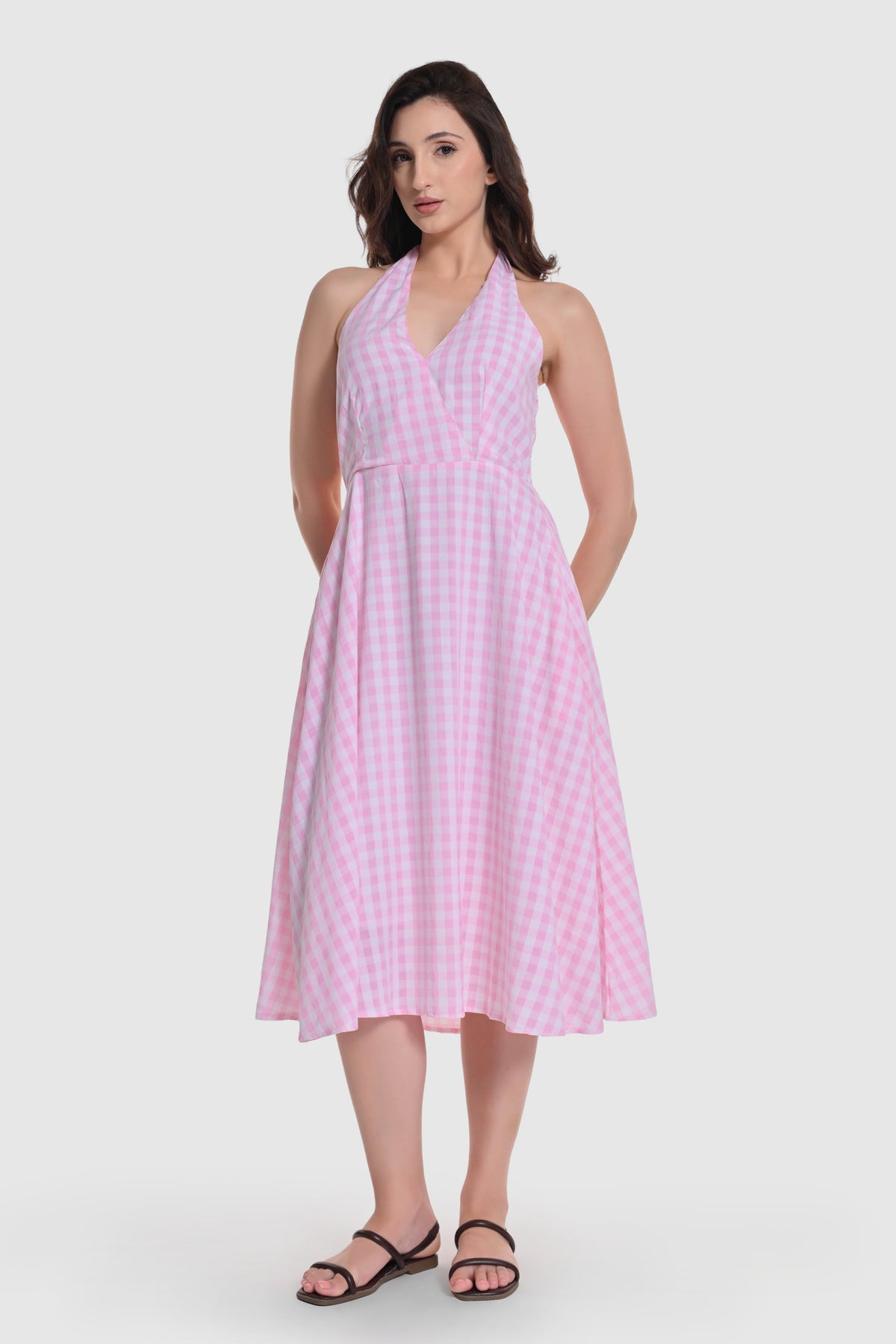 Gingham Halter Neck Flared Dress