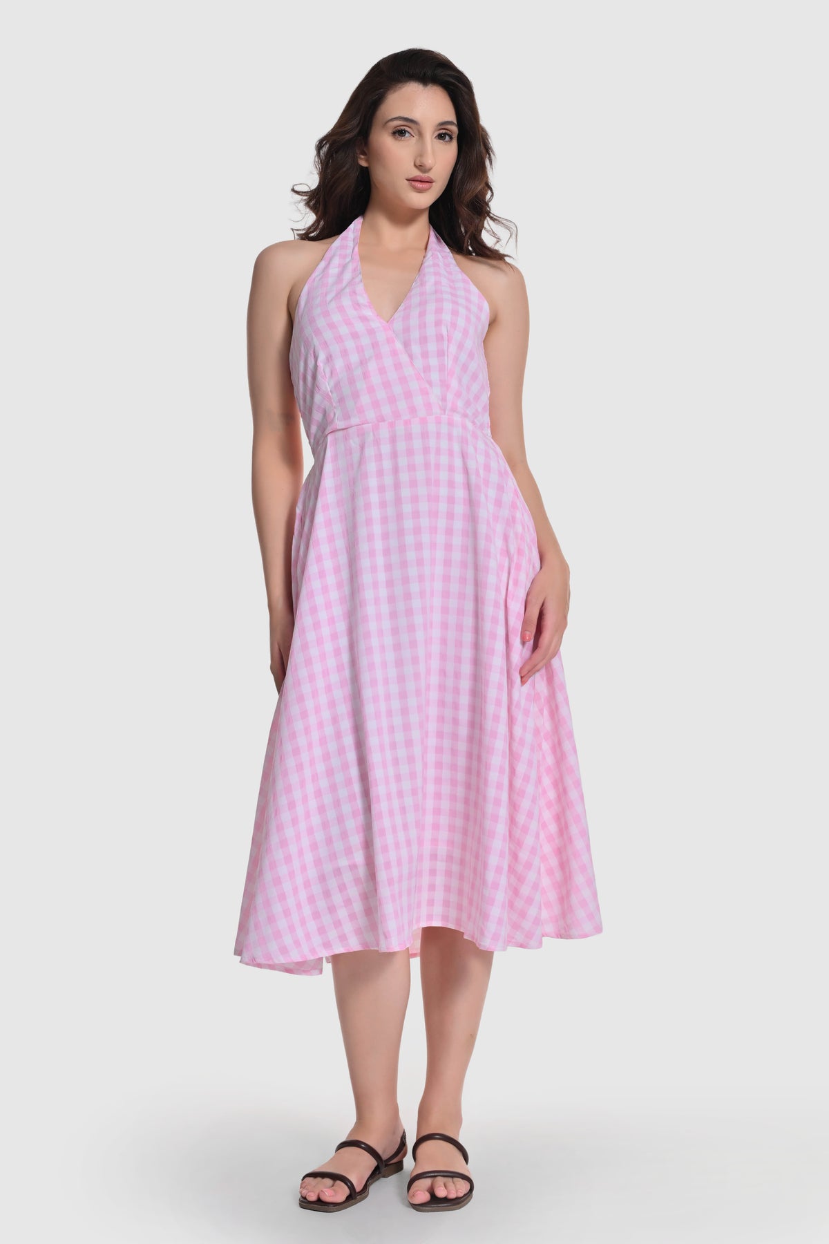 Gingham Halter Neck Flared Dress
