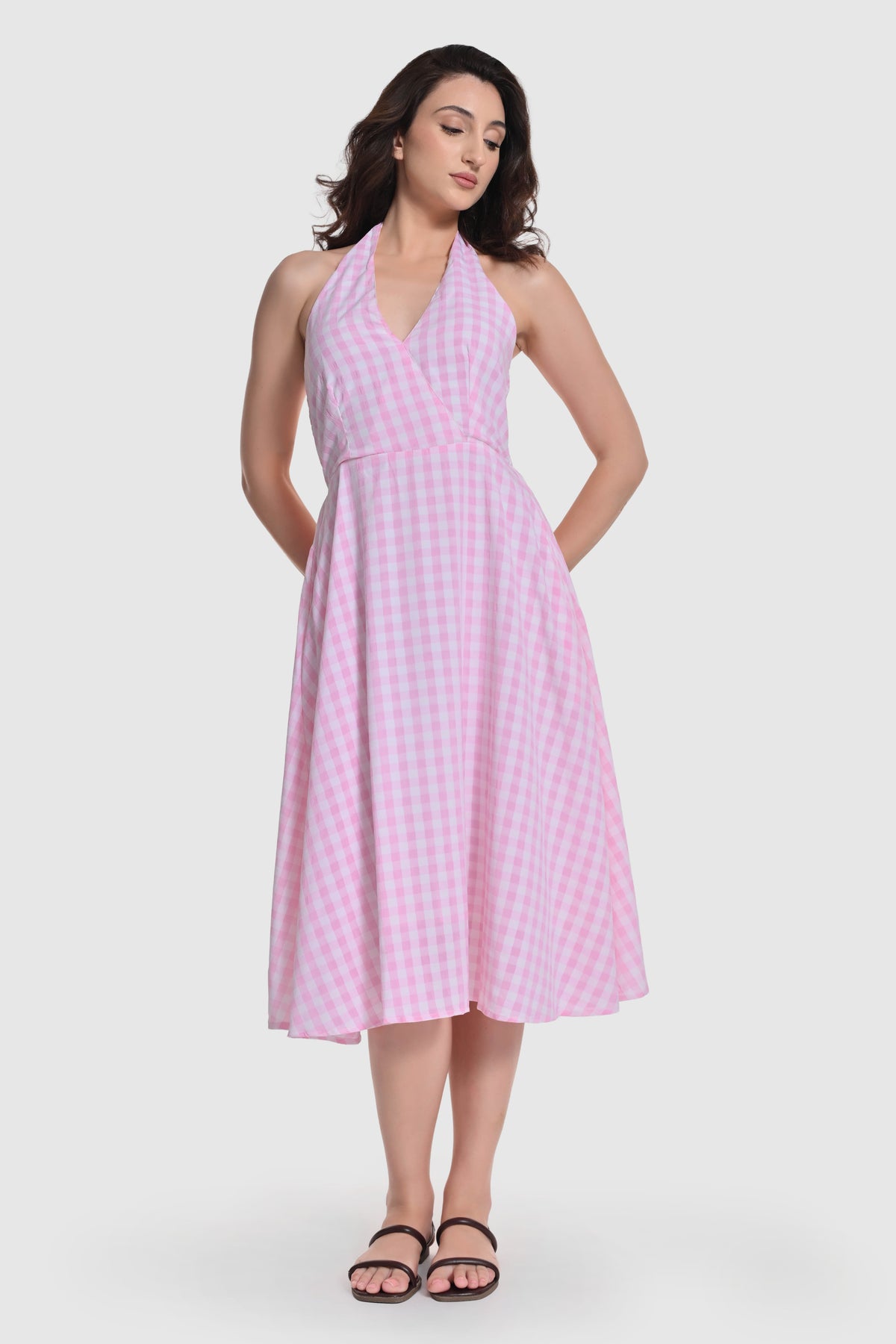 Gingham Halter Neck Flared Dress