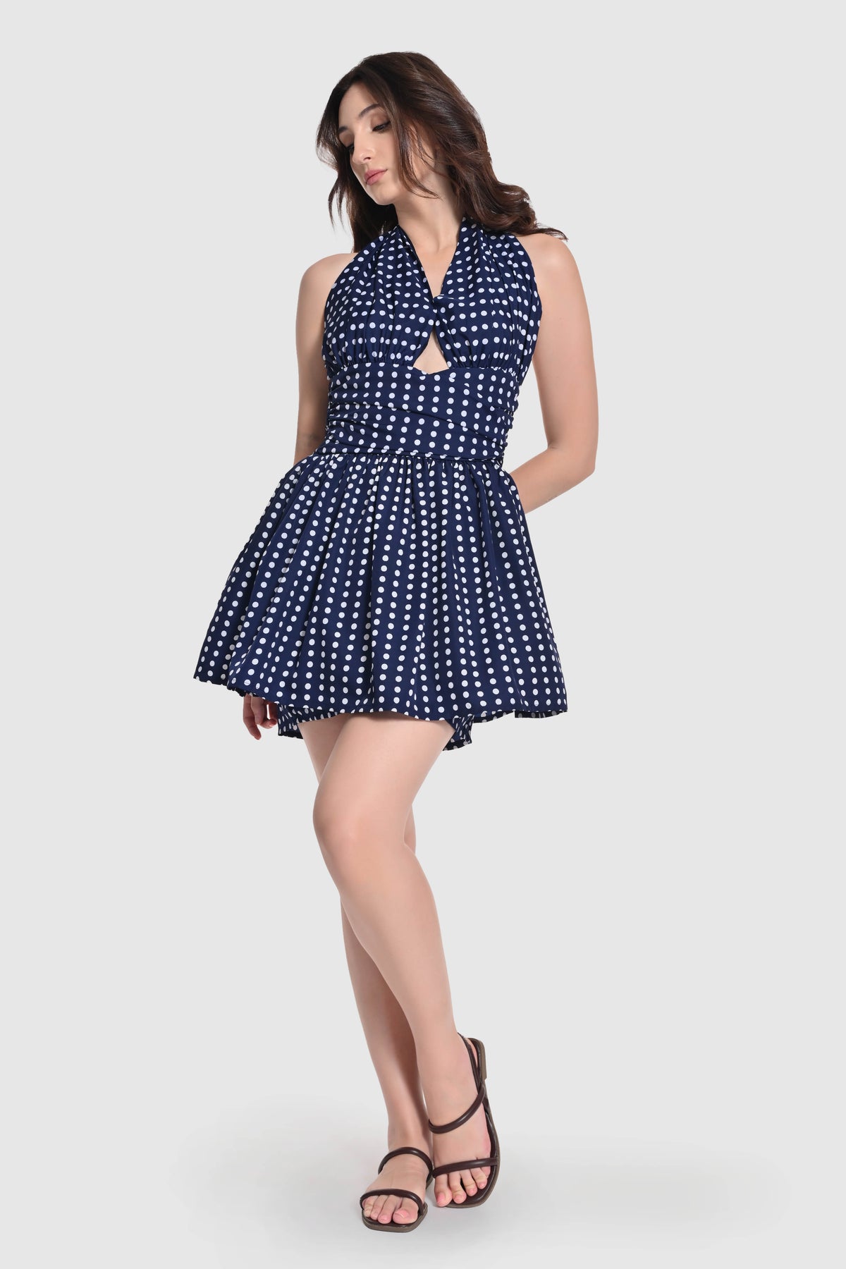Navy Blue Polka Halter Mini Dress