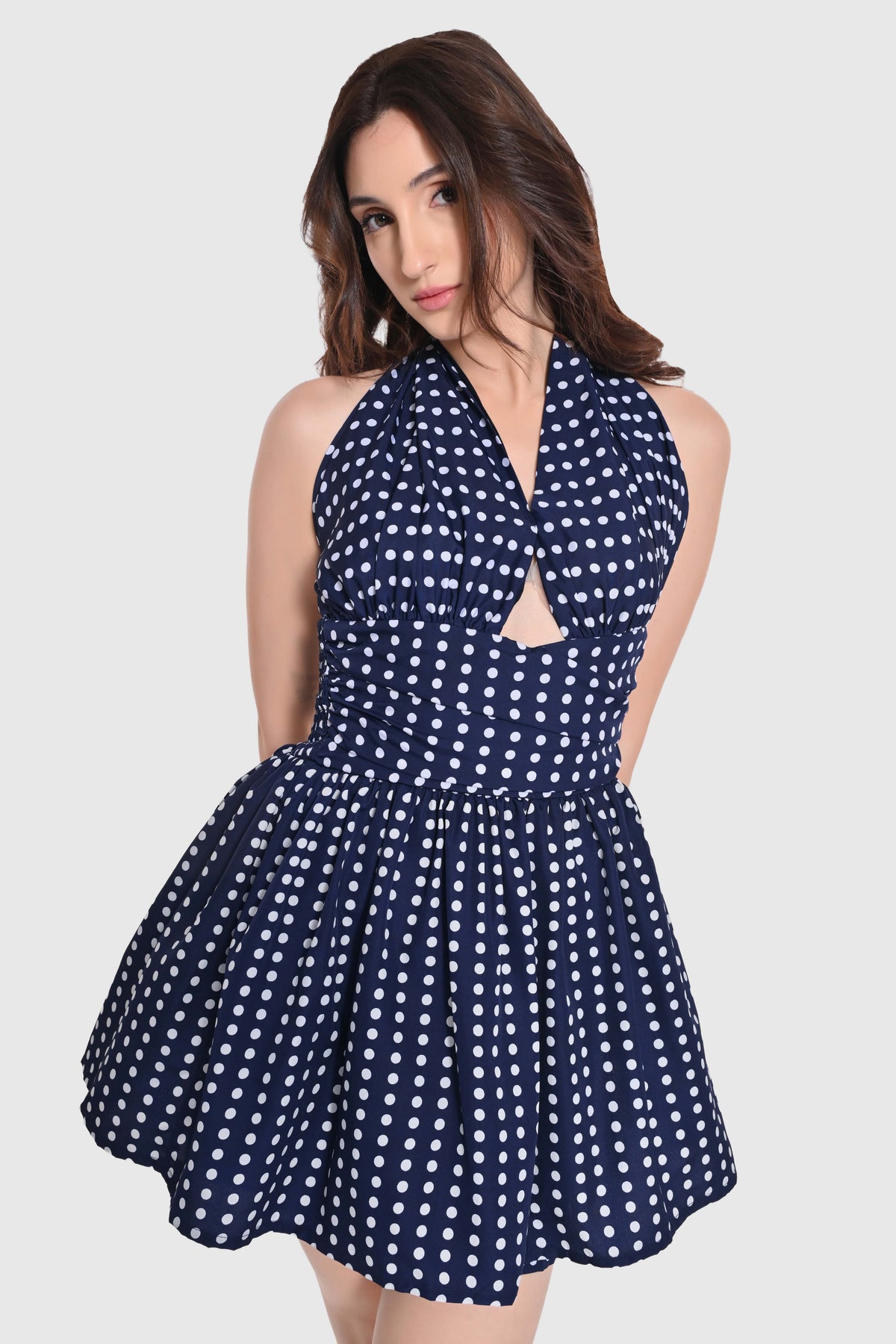 Navy Blue Polka Halter Mini Dress