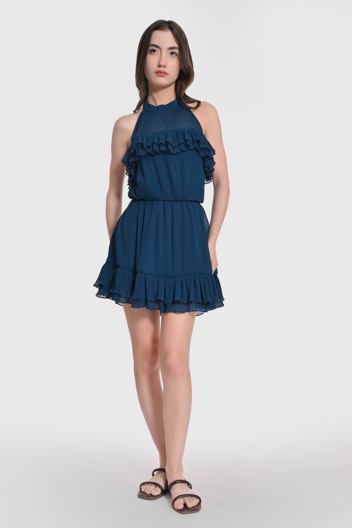 Transformative Teal Ruffle Mini Dress