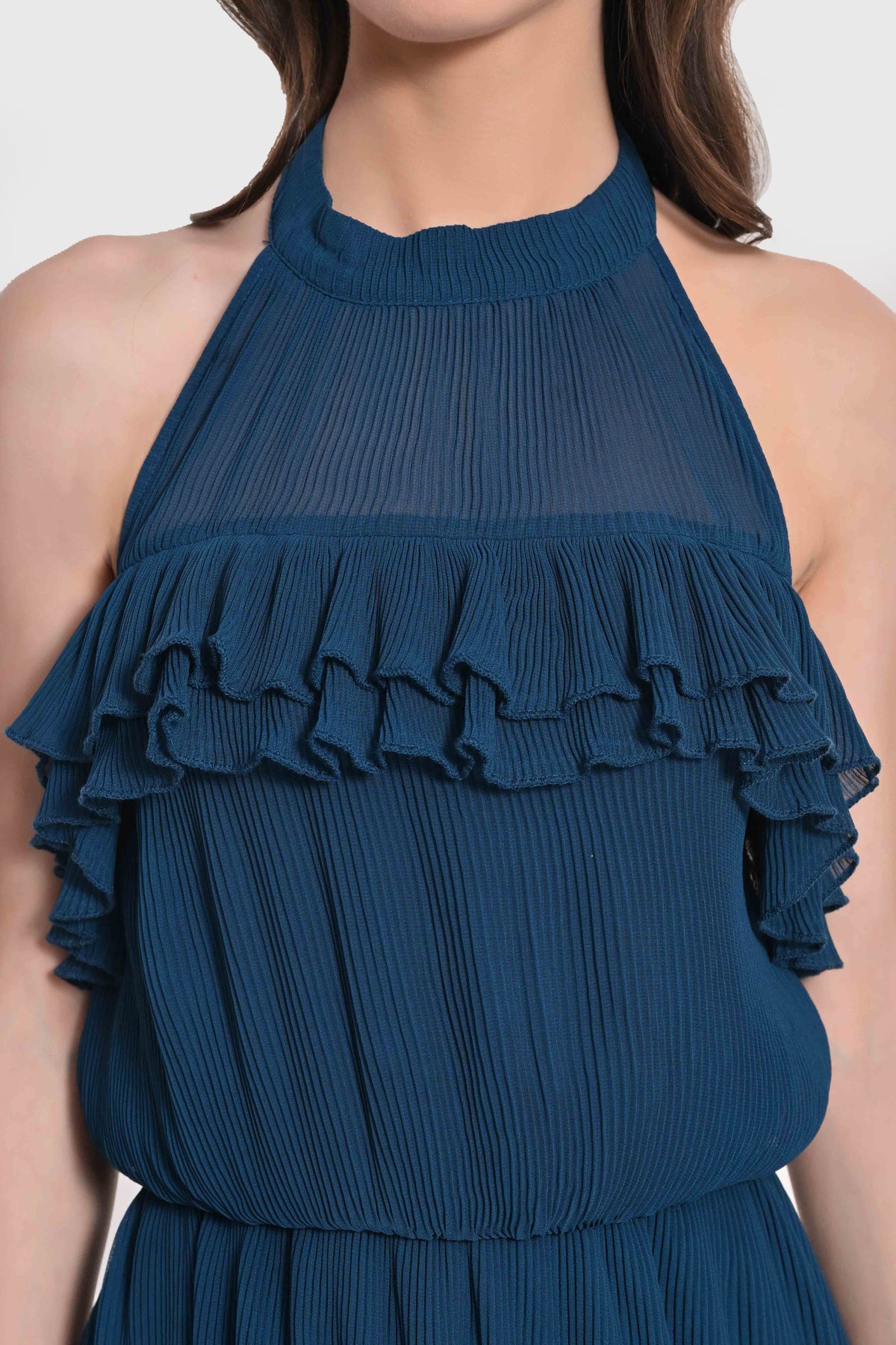 Transformative Teal Ruffle Mini Dress