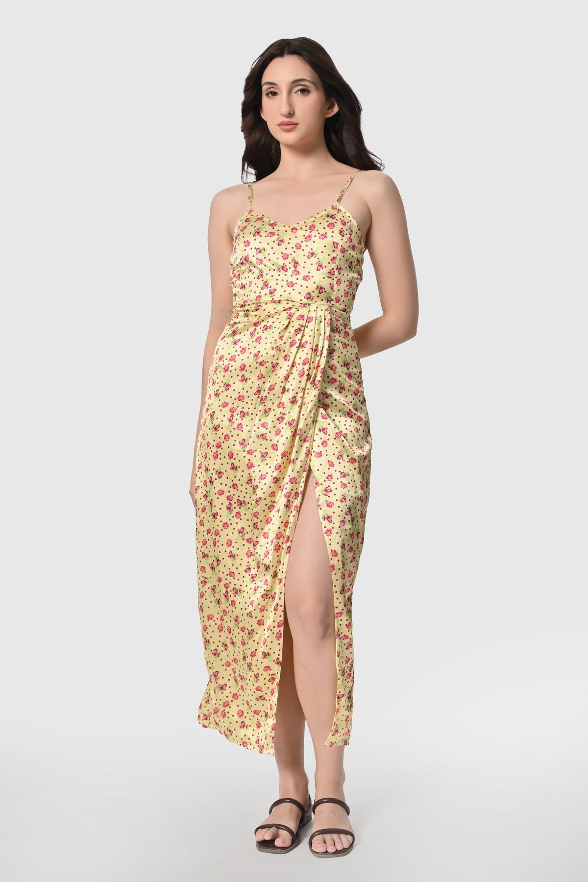 Draped Tulip-Print Maxi Dress