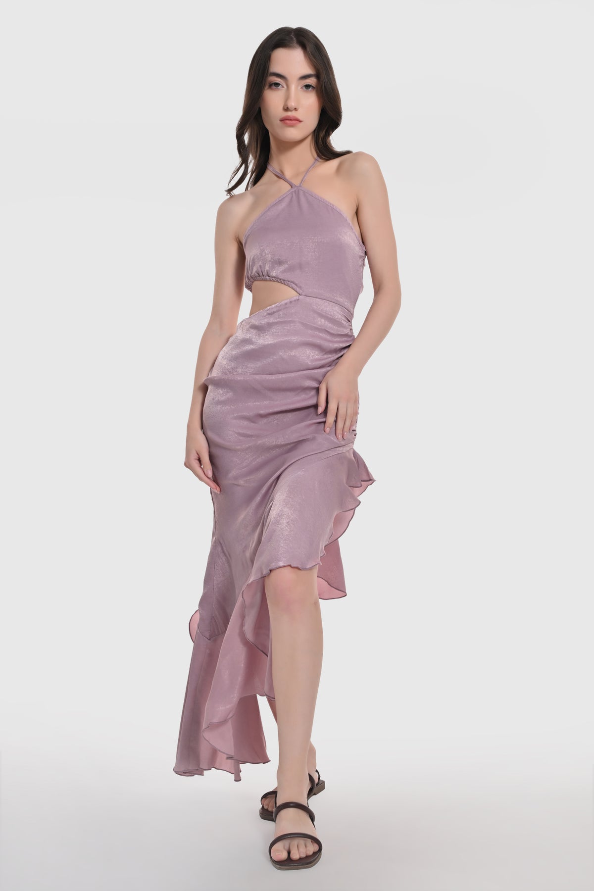 Blush Satin Draped Ruffled Dress