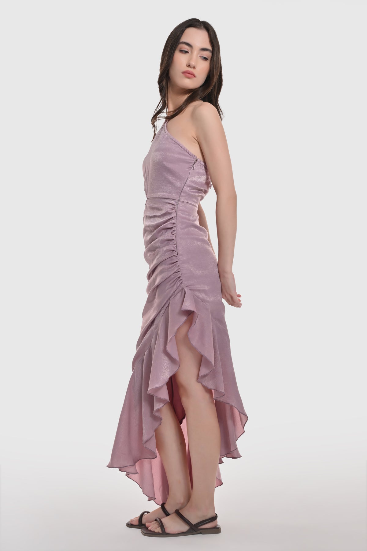Blush Satin Draped Ruffled Dress