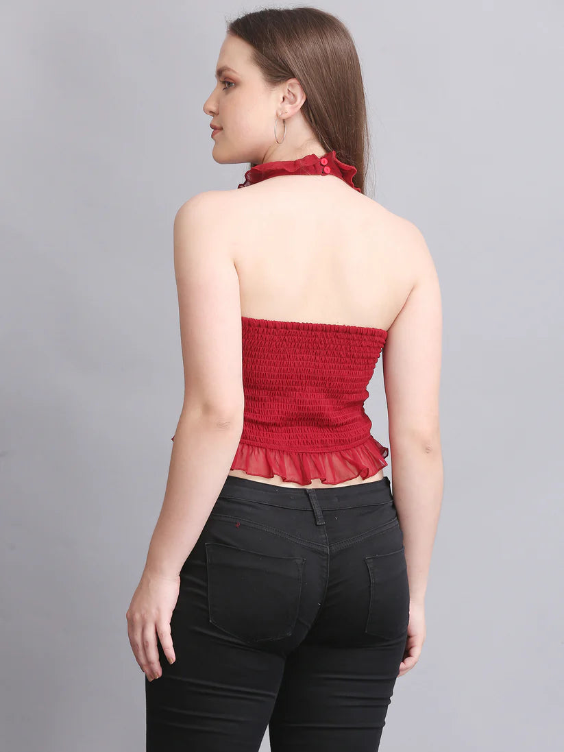 Maroon Halter Neck Crop Top