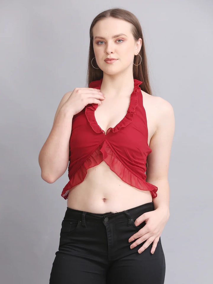Maroon Halter Neck Crop Top