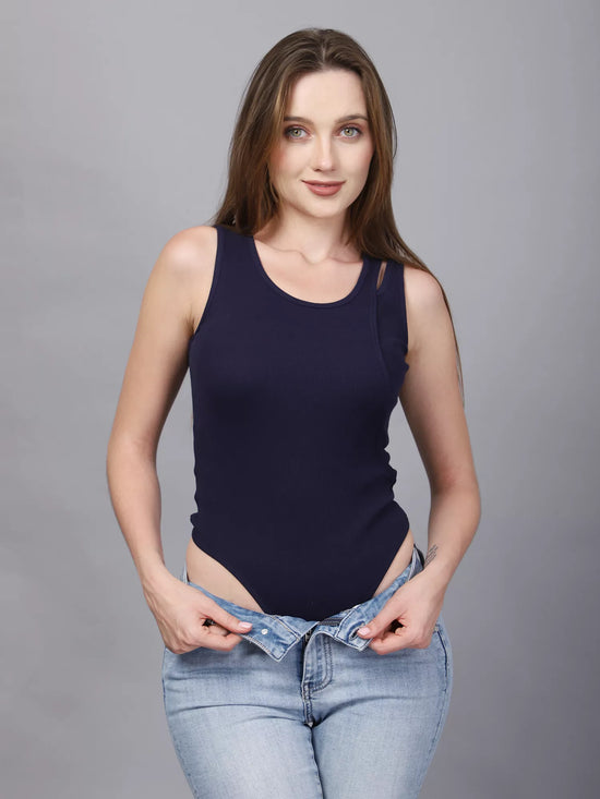 Navy One Cut Shoulder Bodysuit