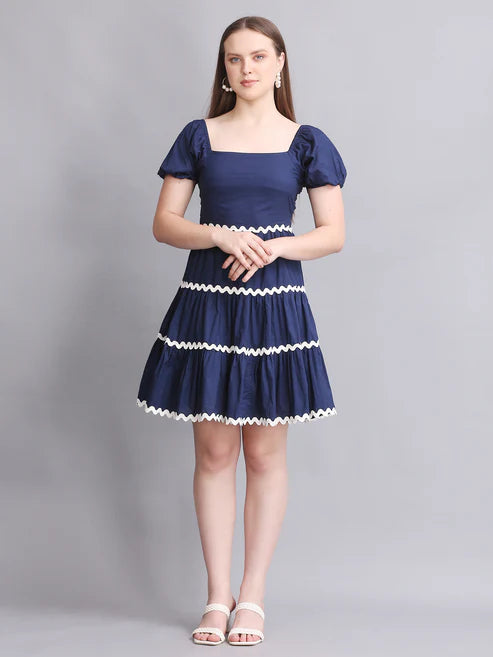 Navy Balloon Sleeve Mini Dress