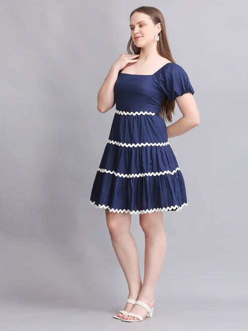 Navy Balloon Sleeve Mini Dress
