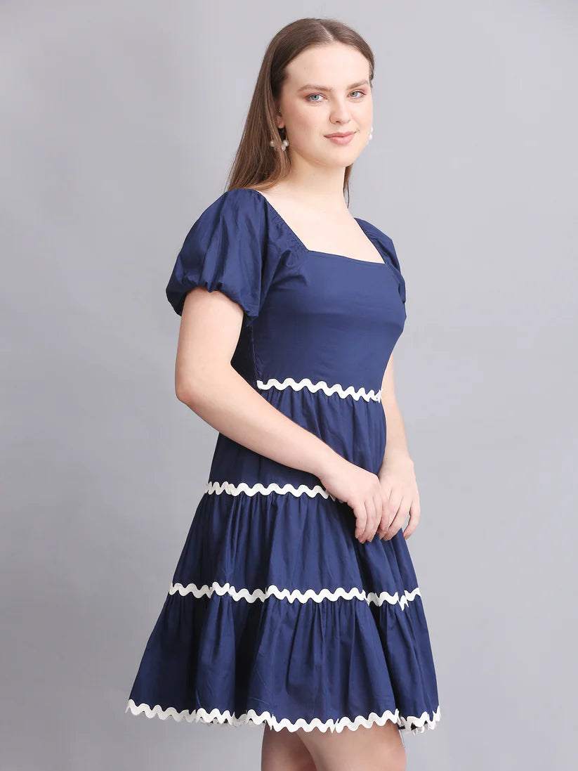 Navy Balloon Sleeve Mini Dress