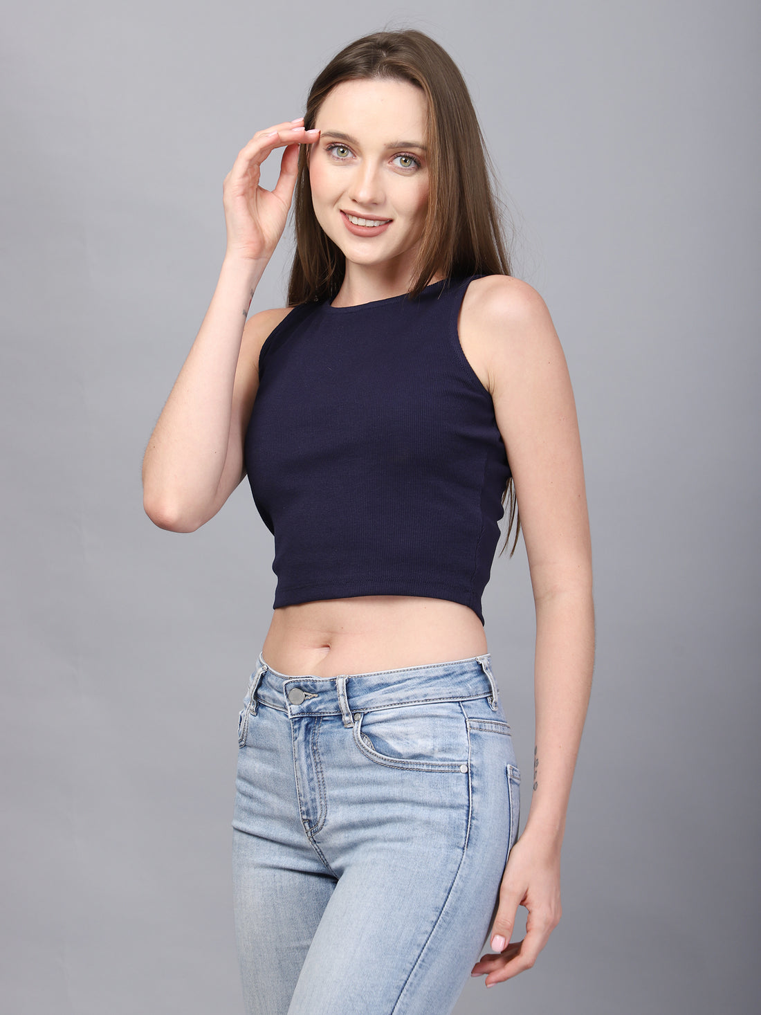 NAVY RIB CROP TOP