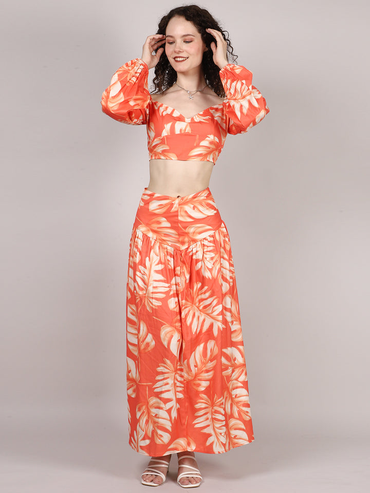 Orange Leaf Print Top With Skirt Cord Set