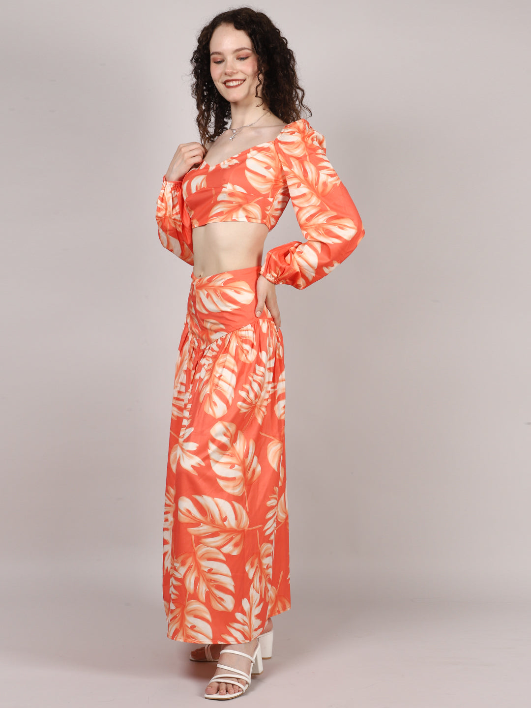 Orange Leaf Print Top With Skirt Cord Set