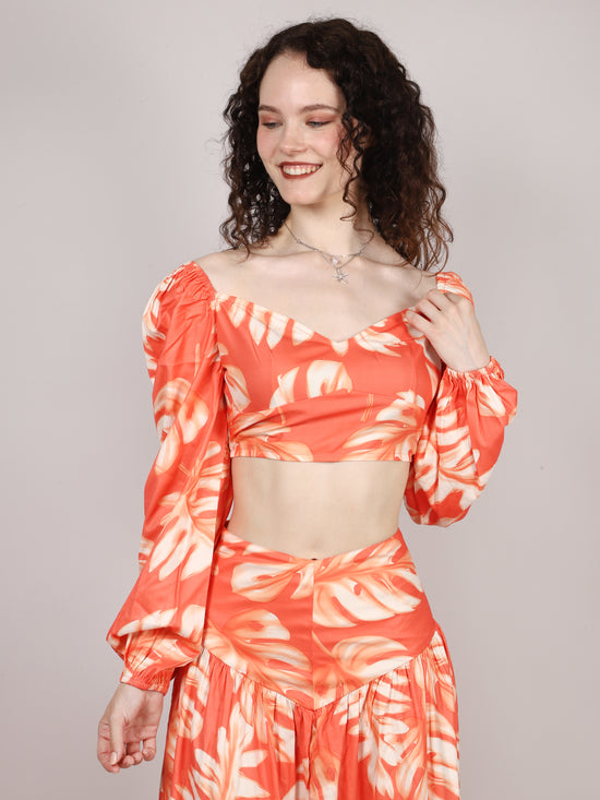 Orange Leaf Print Top With Skirt Cord Set
