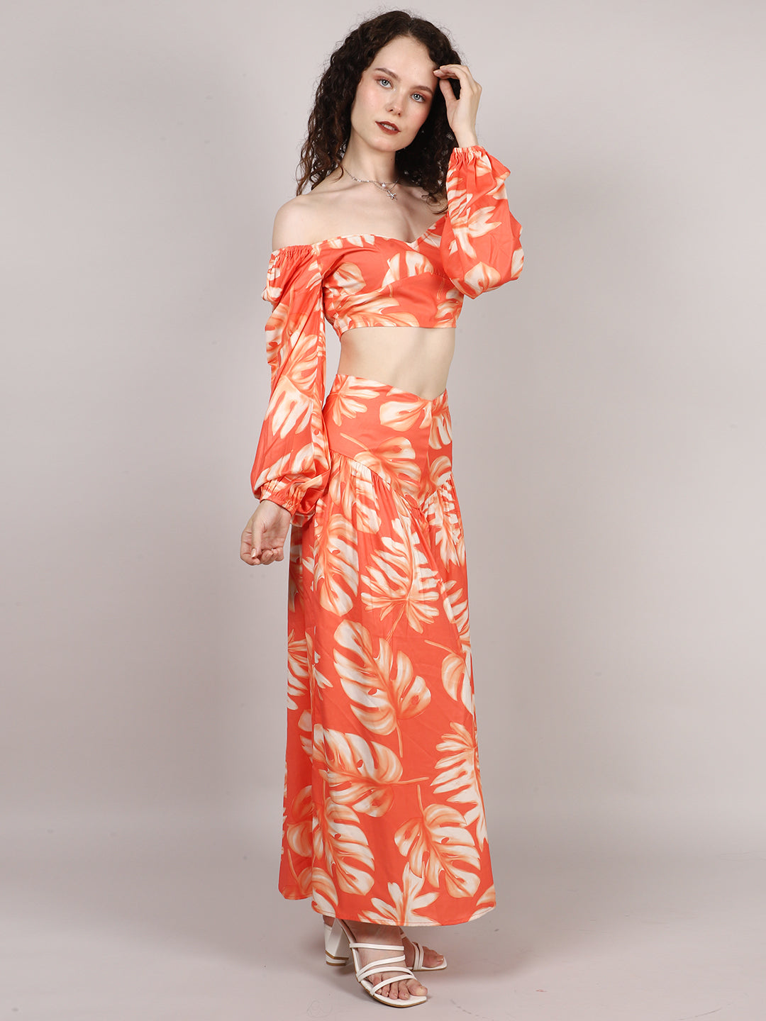 Orange Leaf Print Top With Skirt Cord Set