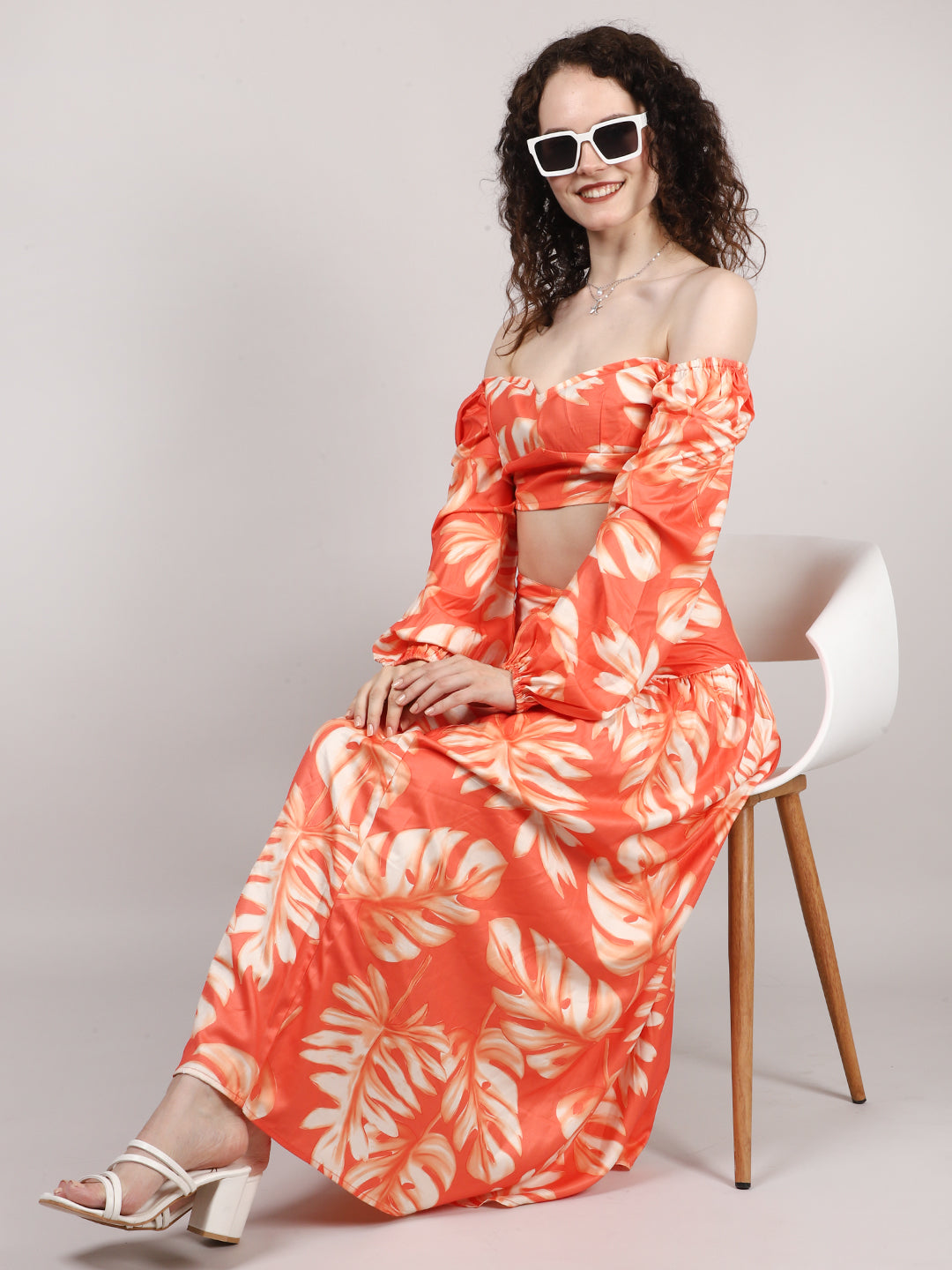 Orange Leaf Print Top With Skirt Cord Set