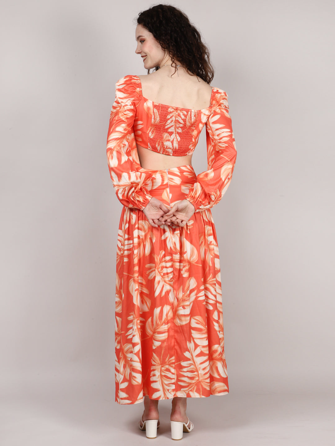 Orange Leaf Print Top With Skirt Cord Set