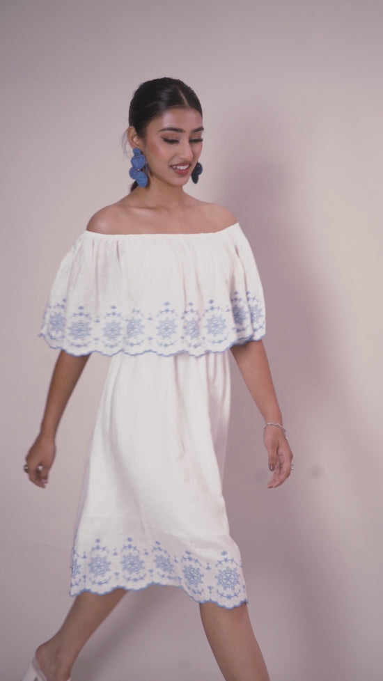 White Off Shoulder Embroidery Dress