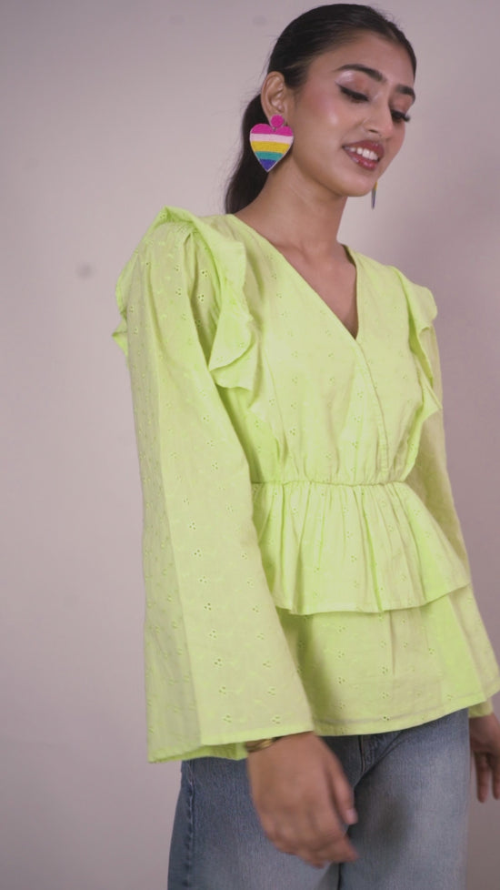 Green Schiffli Peplum Top