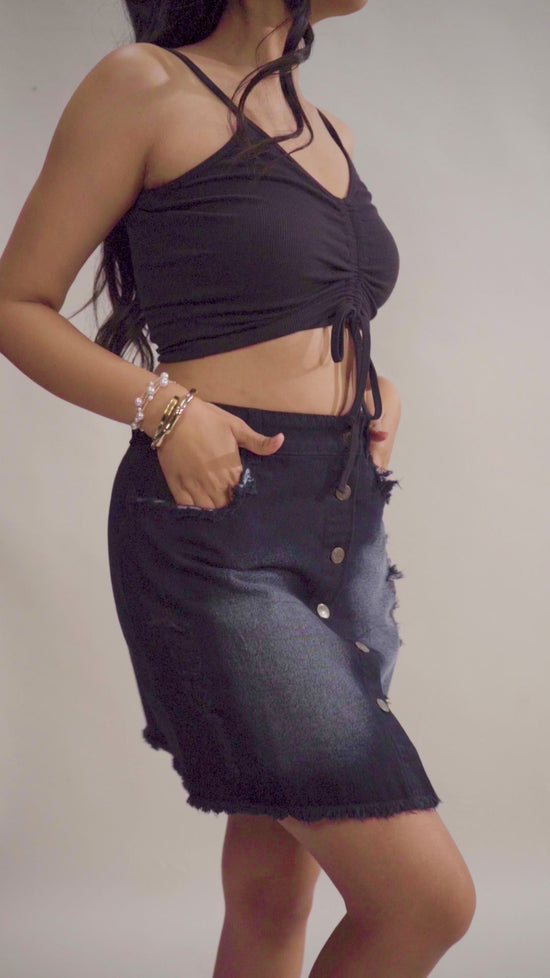 Front Button Rugged Black Mini Skirt