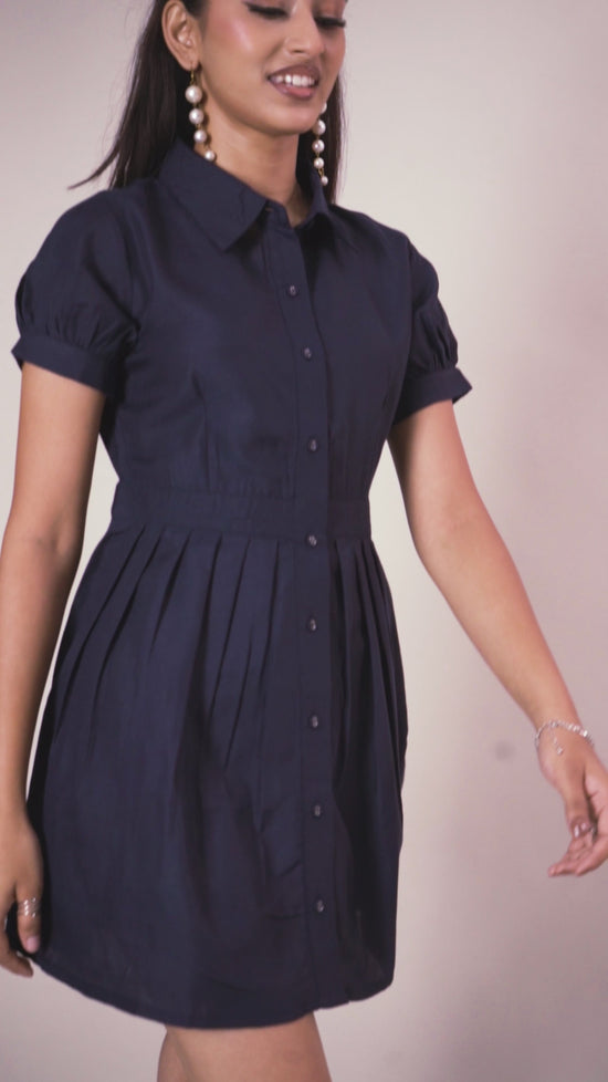 Navy Blue Front Button Minin Dress