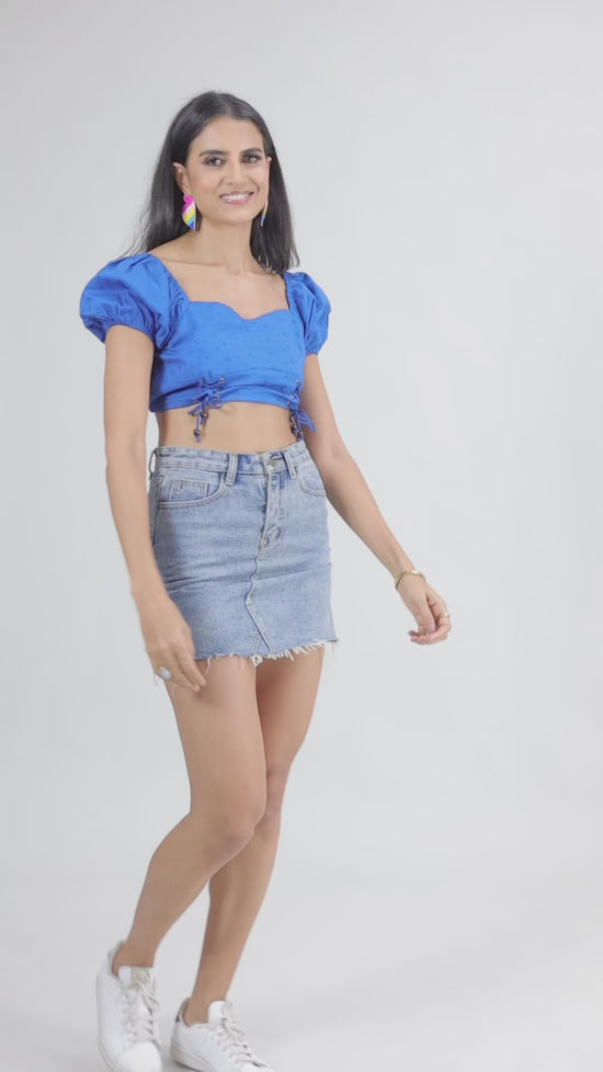 Blue Schiffli Puff Sleeve Crop Top