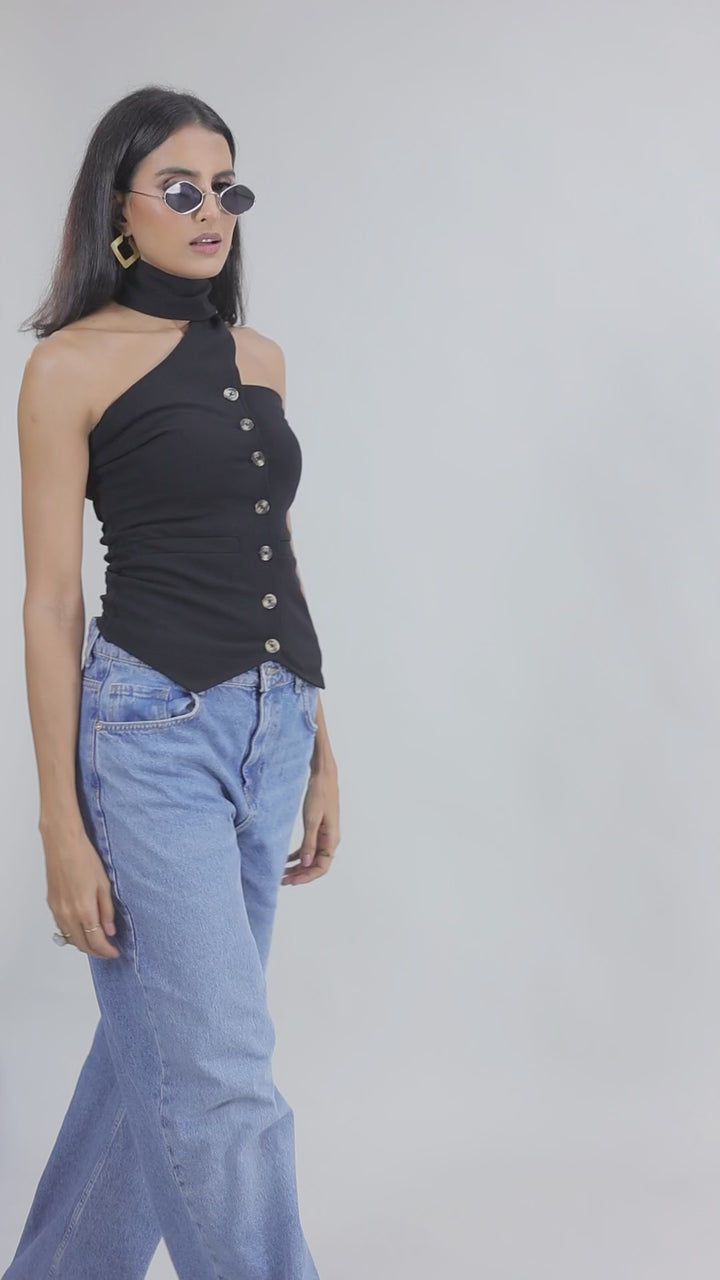 BLACK BUTTON TOP WITH TIE