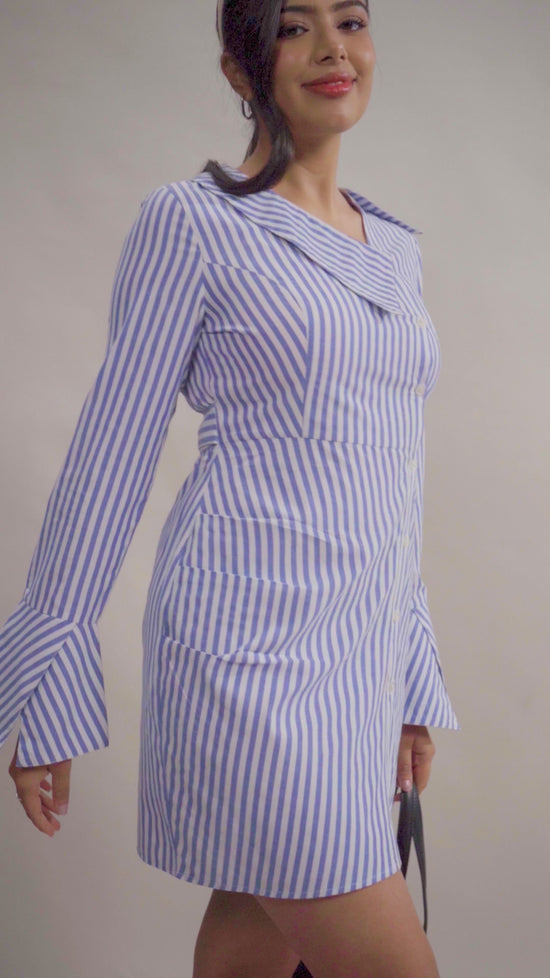 Asymmetric Collar Striped Shirt Dress