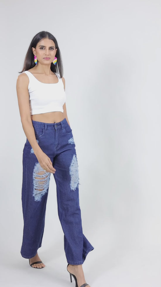 Blue Straight Fit Cut Out Ripped Denim Jeans