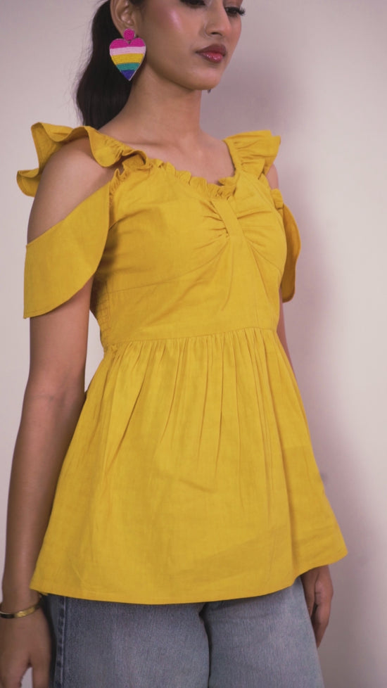Yellow Frill Sleeve Peplum Top