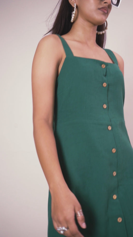 Green Front Button Strappy Dress