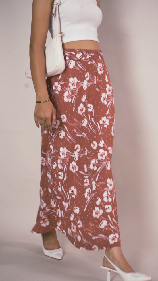 Brown Printed Side Slit Skirt