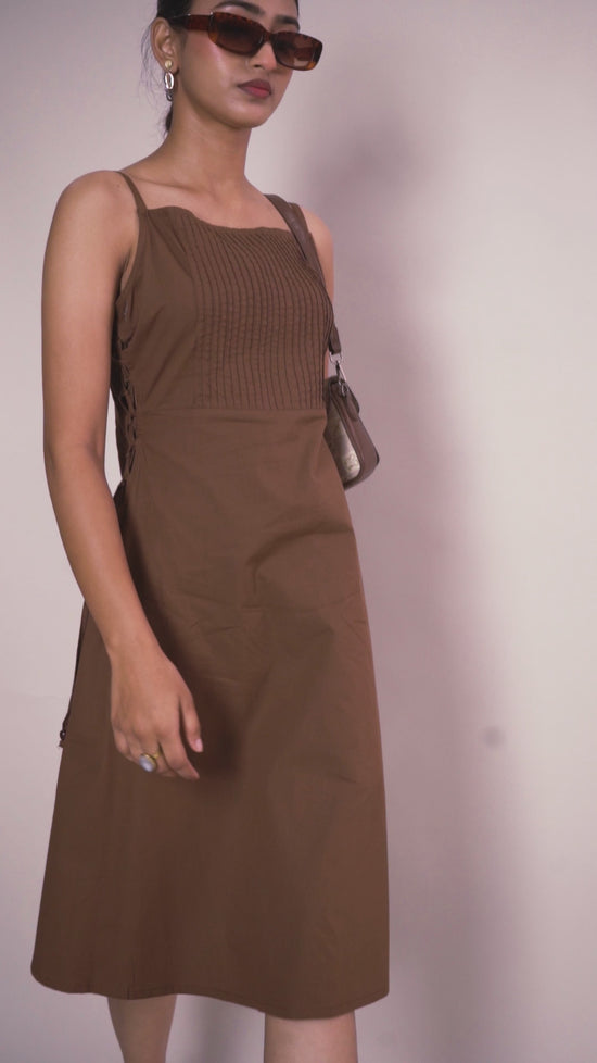 Brown Front Pleated Midi Dress