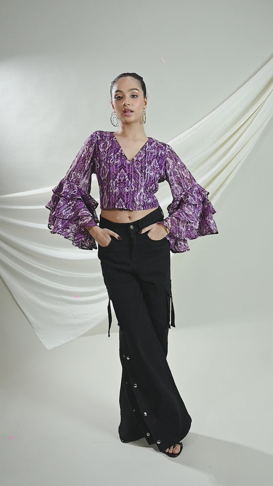 Purple Ikat Ruffle Sleeve Wrap Top