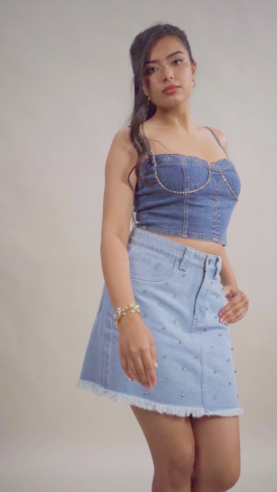 Rhinestone Embellished Denim Corset