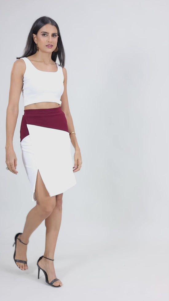 White Maroon Slit Skirt