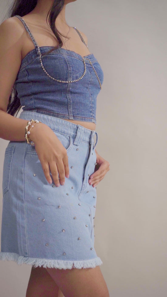 Studded Rhinestone Raw Hem Denim Skirt