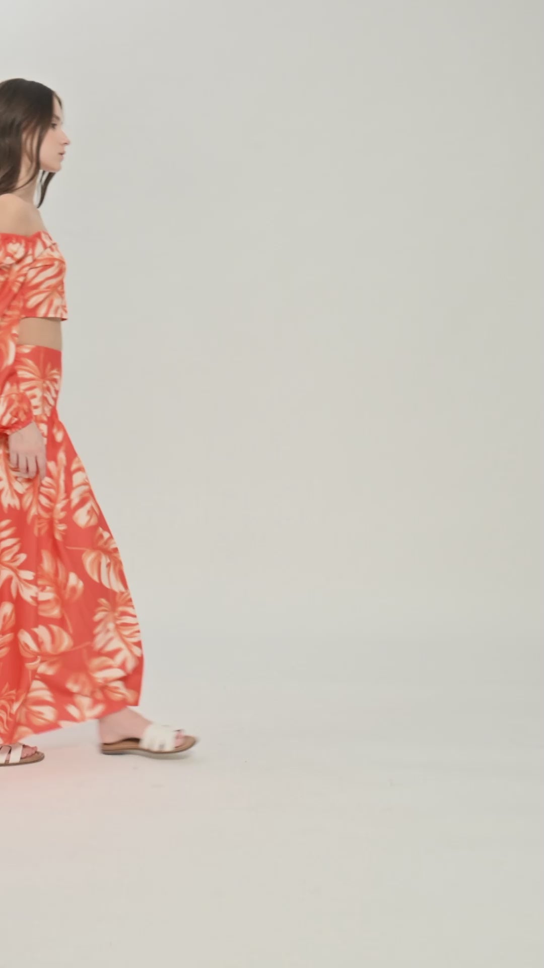 Orange Leaf Print Top With Skirt Cord Set