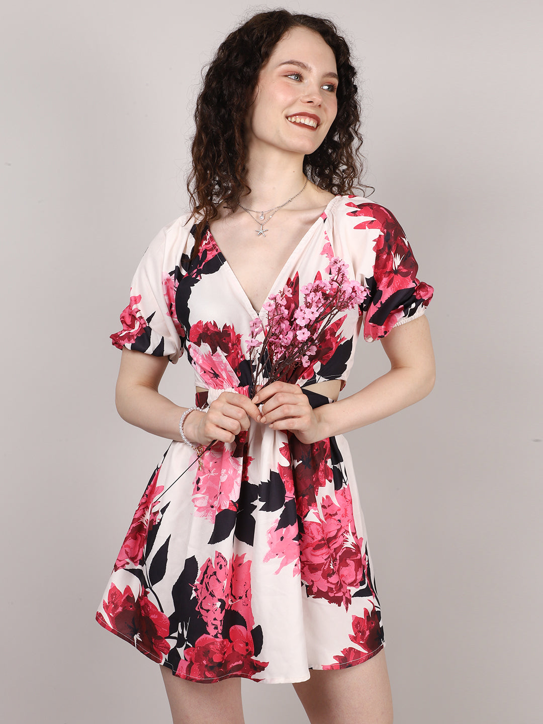 Red Floral Print Waist Cut Out Dress