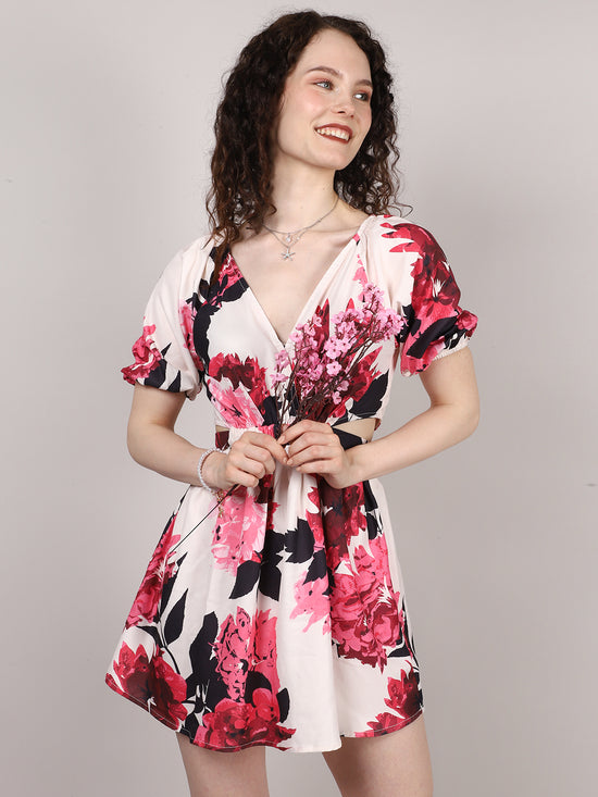 Red Floral Print Waist Cut Out Dress