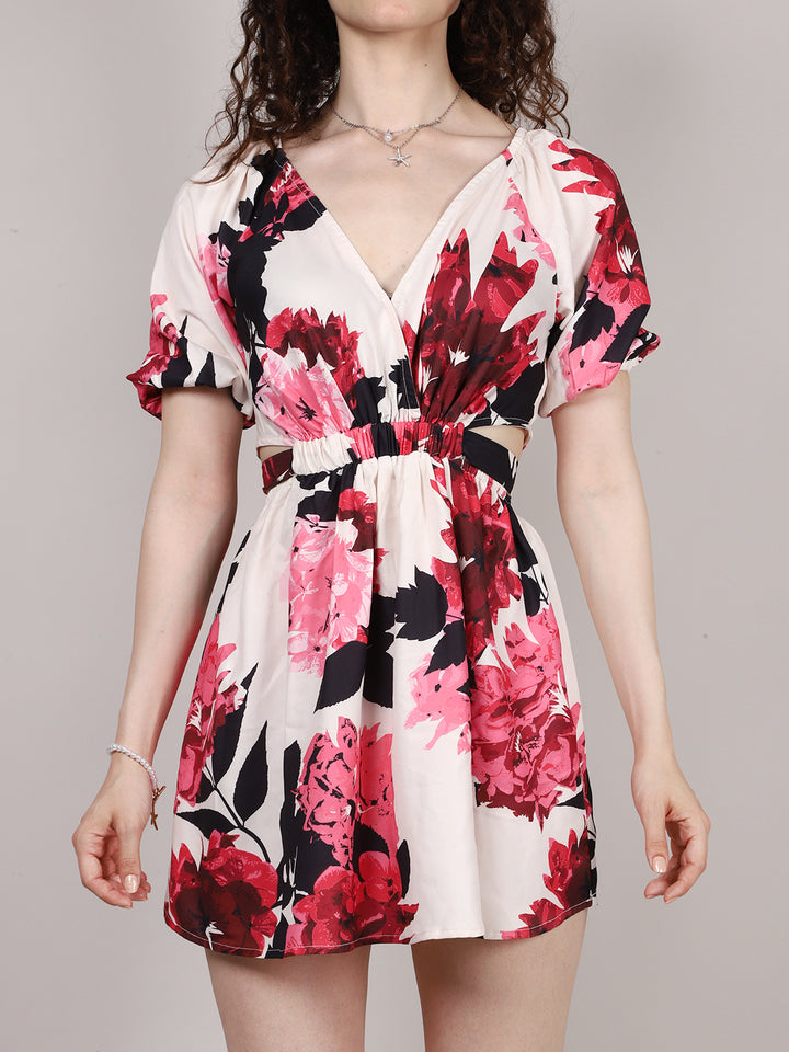 Red Floral Print Waist Cut Out Dress