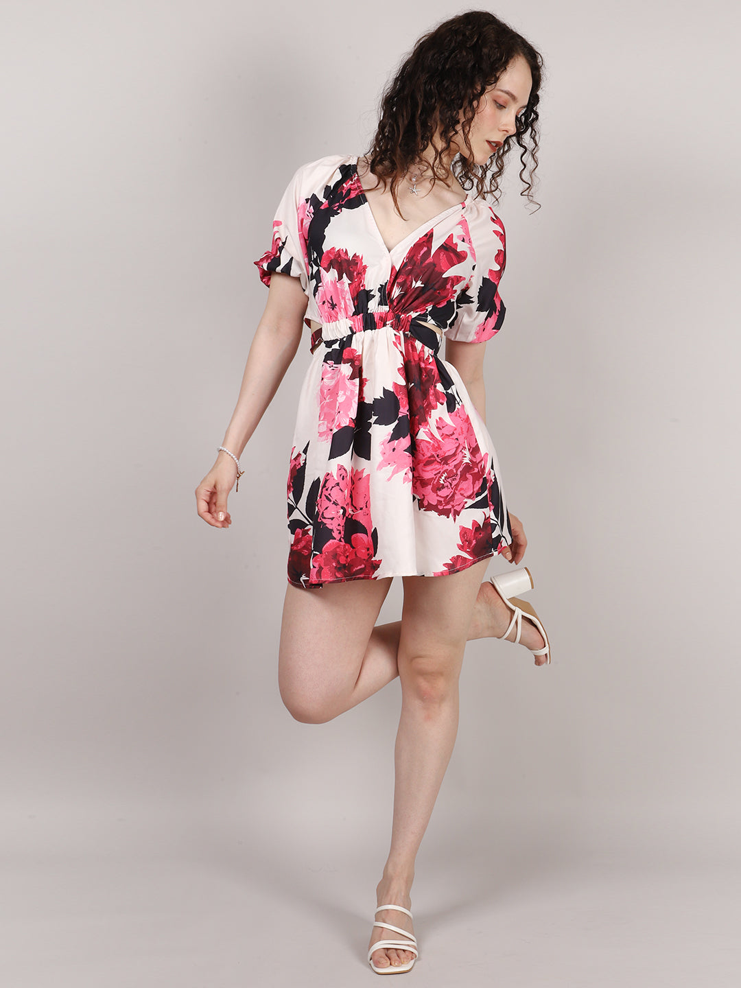 Red Floral Print Waist Cut Out Dress