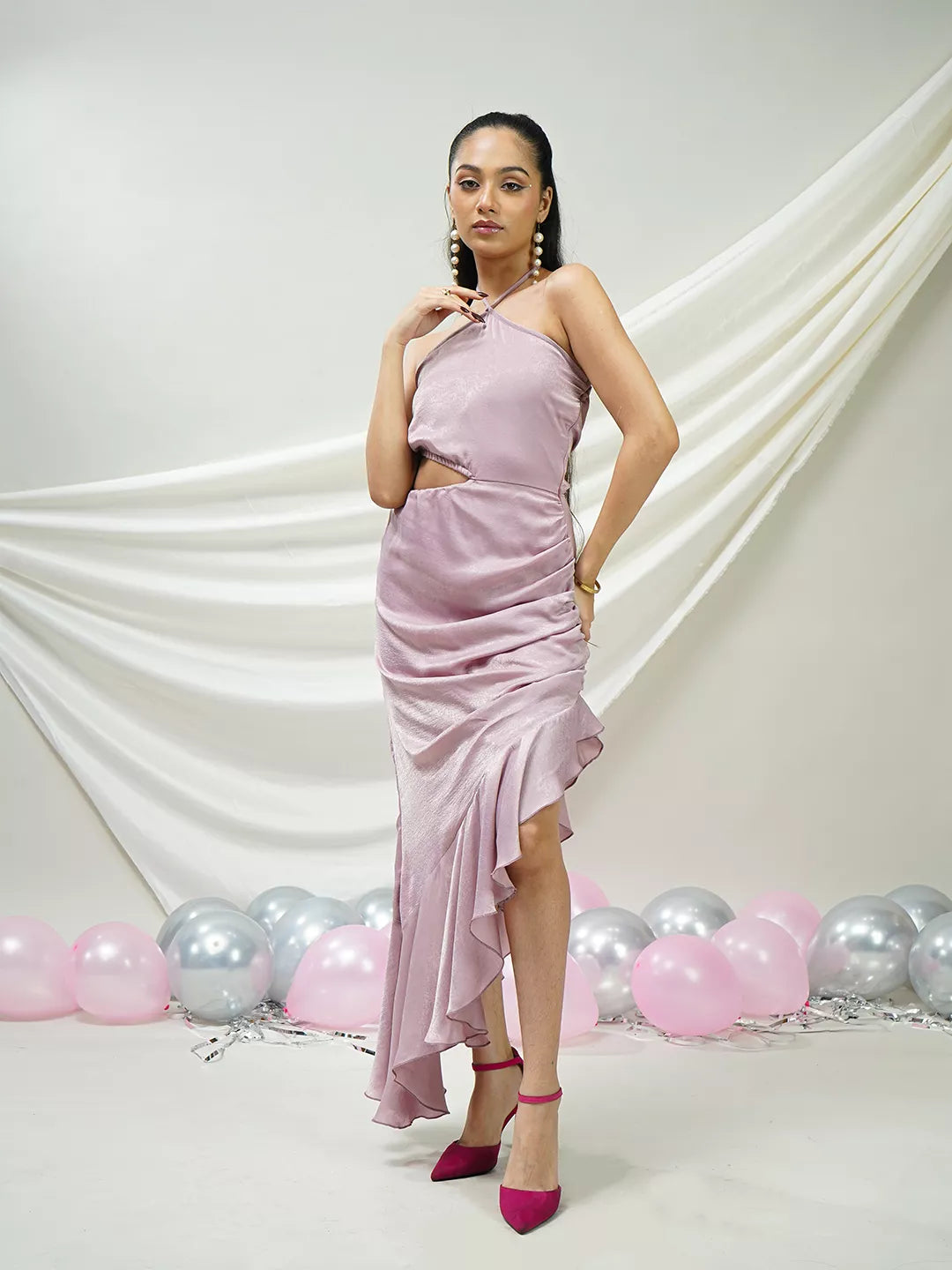 Blush Satin Draped Ruffled Dress
