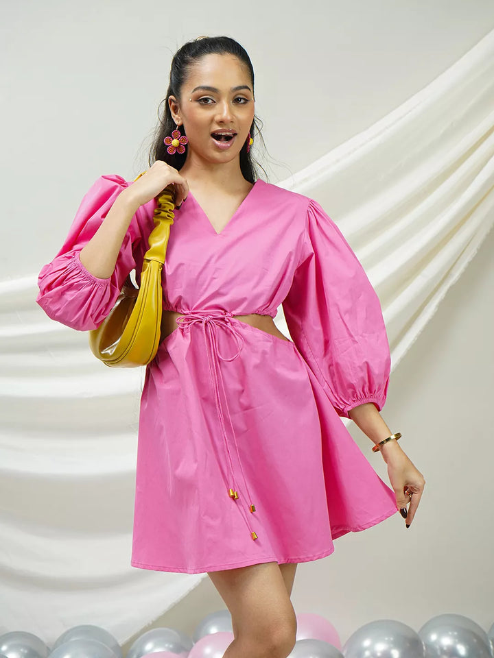 Fuchsia Cut-Out Puff Sleeve Mini Dress